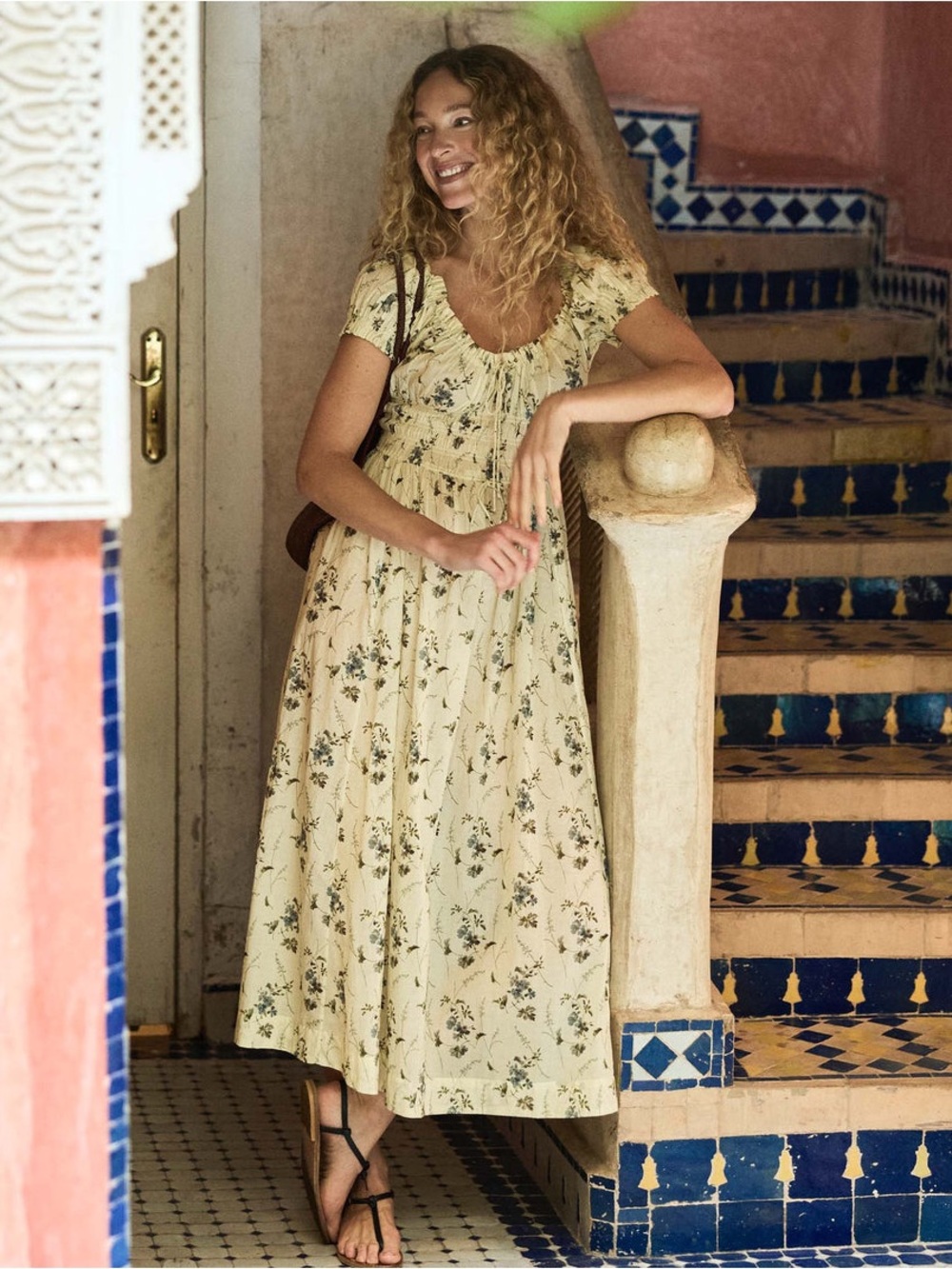 Doen Ashlynn Floral Cotton Midi Dress Sunshine Prarie Rose